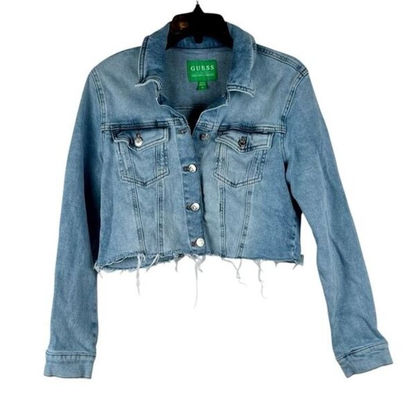 Guess Cropped Denim Jacket Raw Hem Medium - Picture 1 of 9